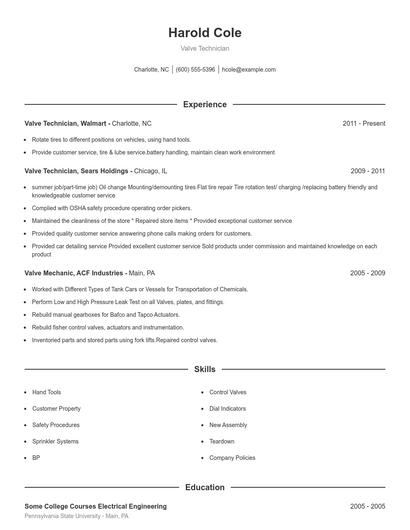 Valve Technician Resume