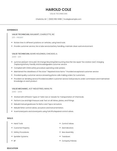 Valve Technician Resume