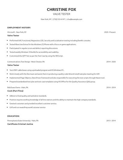 Valve Tester Resume