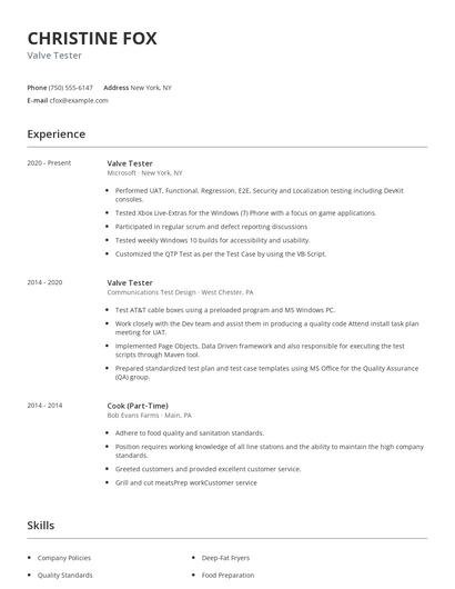 Valve Tester Resume