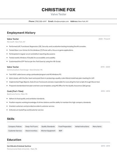 Valve Tester Resume