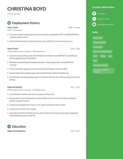Valve Tester Resume