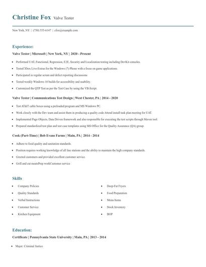 Valve Tester Resume