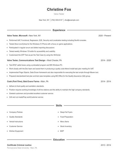 Valve Tester Resume