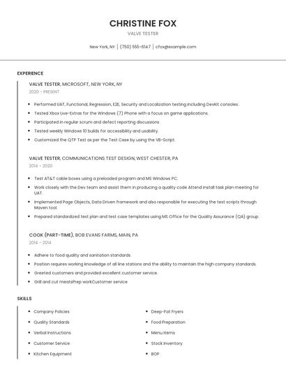 Valve Tester Resume