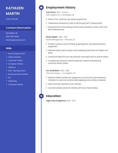 Van Driver Resume