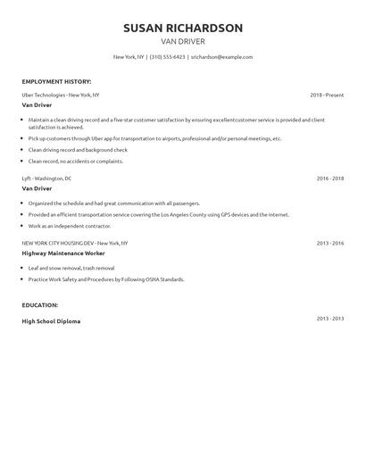 Van Driver Resume