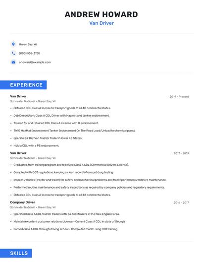 Van Driver Resume