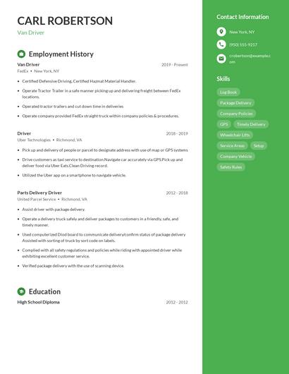 Van Driver Resume