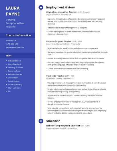 Varying Exceptionalities Teacher Resume