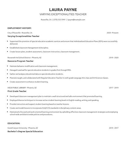 Varying Exceptionalities Teacher Resume