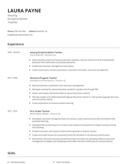 Varying Exceptionalities Teacher Resume