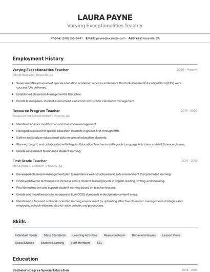 Varying Exceptionalities Teacher Resume