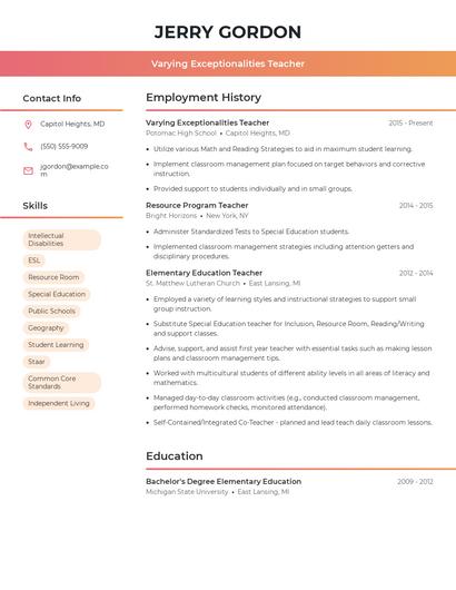 Varying Exceptionalities Teacher Resume
