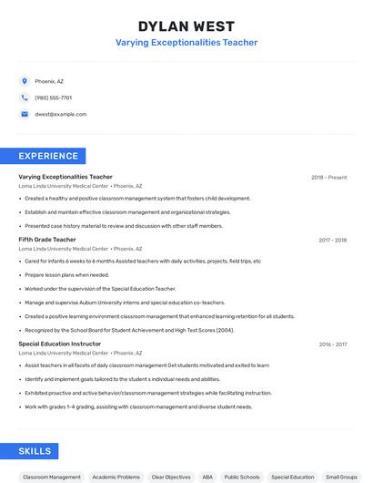 Varying Exceptionalities Teacher Resume