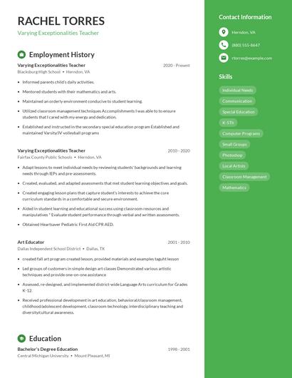 Varying Exceptionalities Teacher Resume