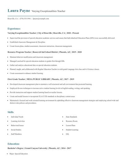 Varying Exceptionalities Teacher Resume