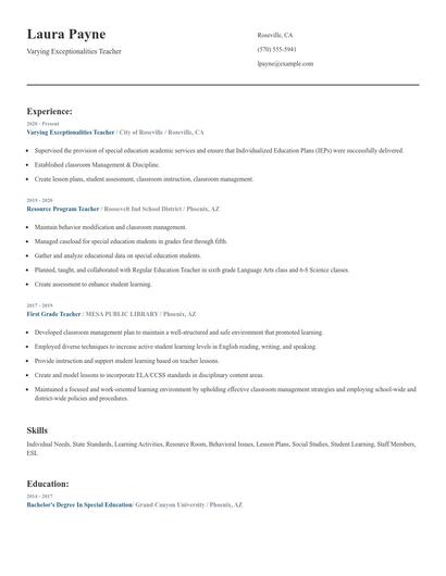 Varying Exceptionalities Teacher Resume