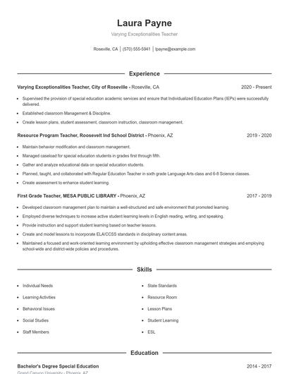 Varying Exceptionalities Teacher Resume