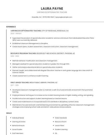 Varying Exceptionalities Teacher Resume