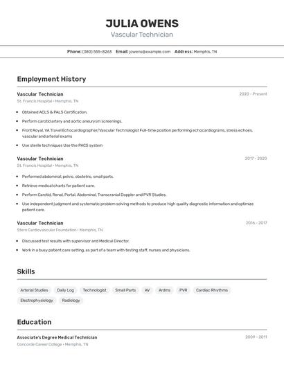 Vascular Technician Resume