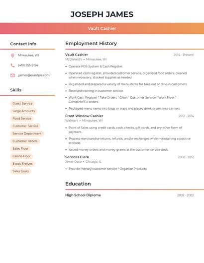 Vault Cashier Resume