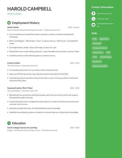 Vault Cashier Resume