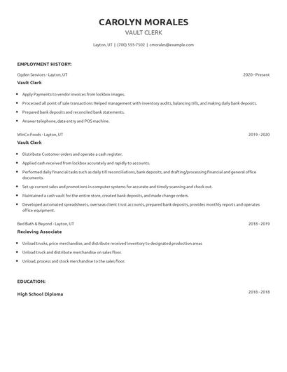 Vault Clerk Resume