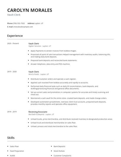 Vault Clerk Resume