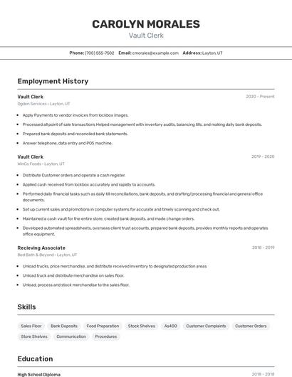 Vault Clerk Resume
