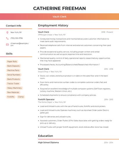 Vault Clerk Resume