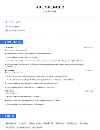 Vault Clerk Resume