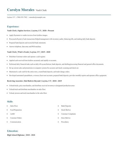 Vault Clerk Resume