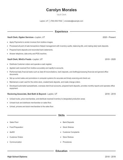 Vault Clerk Resume