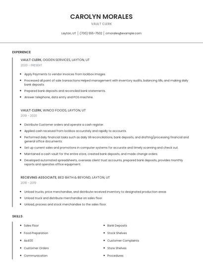 Vault Clerk Resume