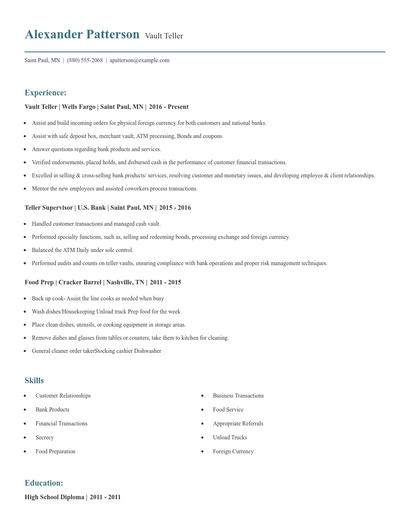 Vault Teller Resume