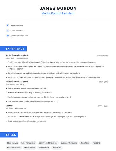 Vector Control Assistant Resume