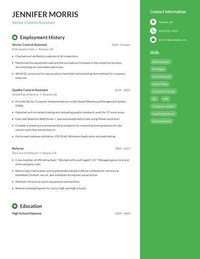 Vector Control Assistant Resume