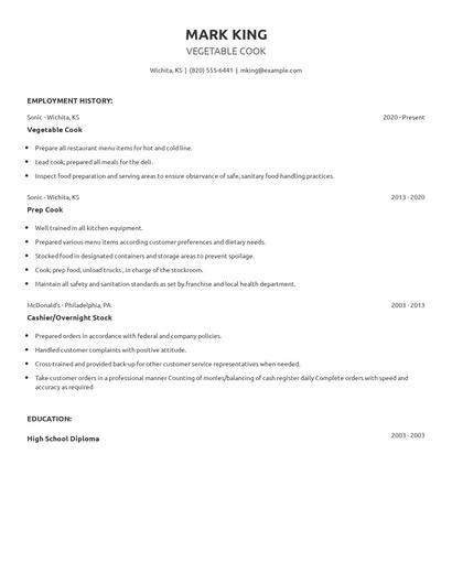 Vegetable Cook Resume