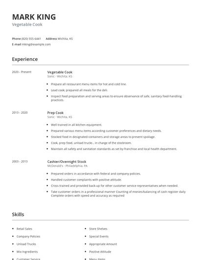 Vegetable Cook Resume