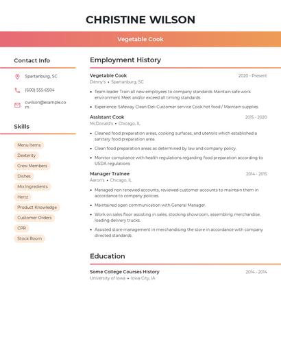 Vegetable Cook Resume