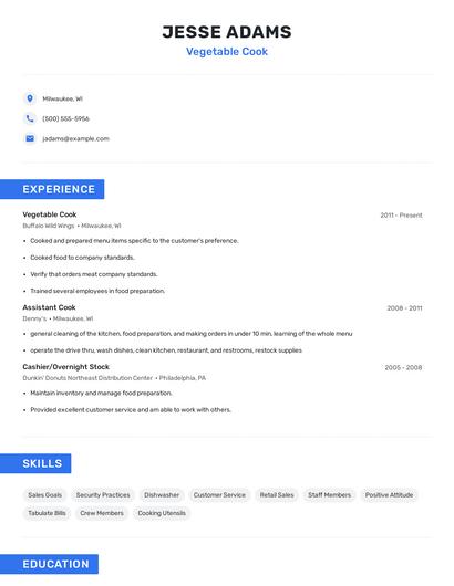 Vegetable Cook Resume