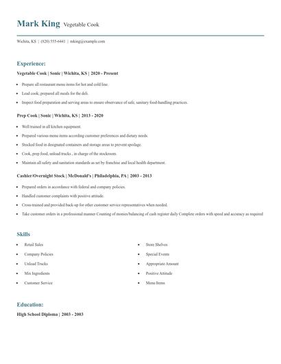 Vegetable Cook Resume