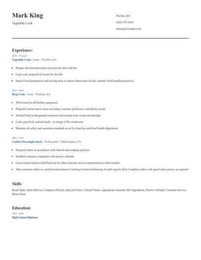 Vegetable Cook Resume