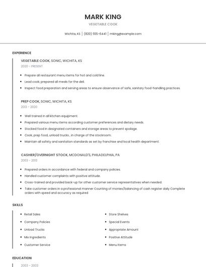 Vegetable Cook Resume