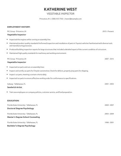 Vegetable Inspector Resume