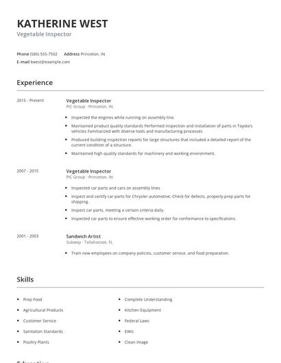 Vegetable Inspector Resume