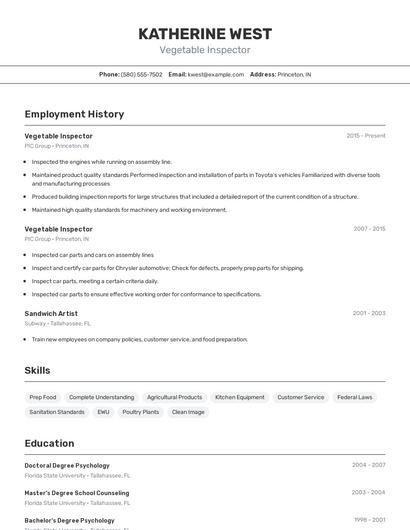 Vegetable Inspector Resume