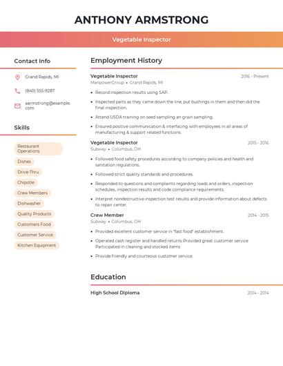 Vegetable Inspector Resume