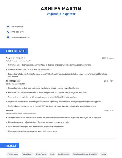 Vegetable Inspector Resume